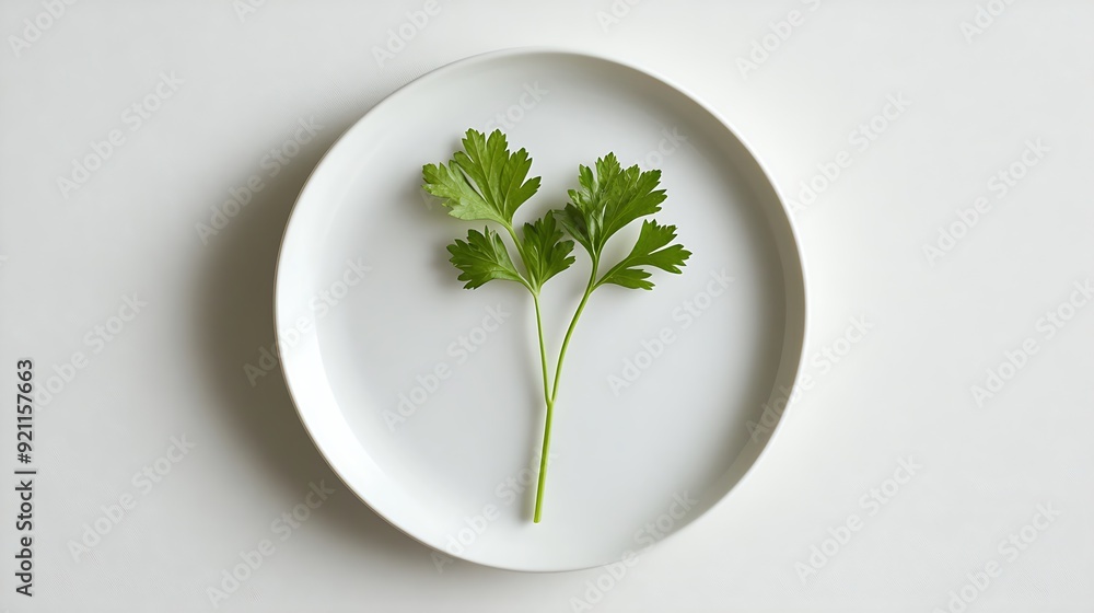 Minimalist Culinary Elegance - Sprig of Parsley on White Porcelain Plate Minimalist Culinary Elegance - Sprig of Parsley on White Porcelain Plate