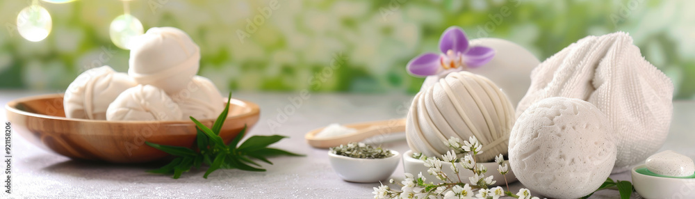 Beautiful arrangement of bath products, featuring spa essentials like bath bombs and natural ingredients for relaxation. Beautiful arrangement of bath products, featuring spa essentials like bath bombs and natural ingredients for relaxation.