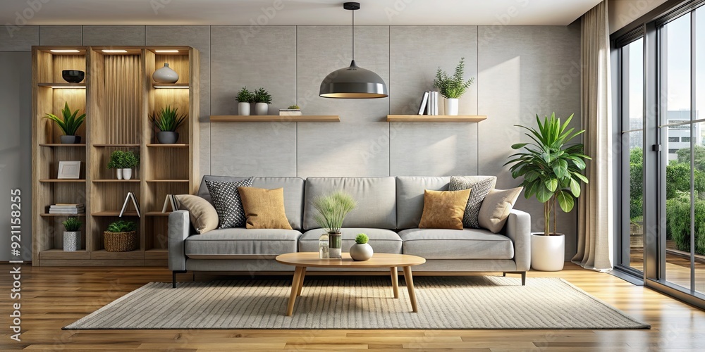 Modern living room with a comfortable sofa , cozy, stylish, interior design, contemporary, furniture, home decor Modern living room with a comfortable sofa , cozy, stylish, interior design, contemporary, furniture, home decor
