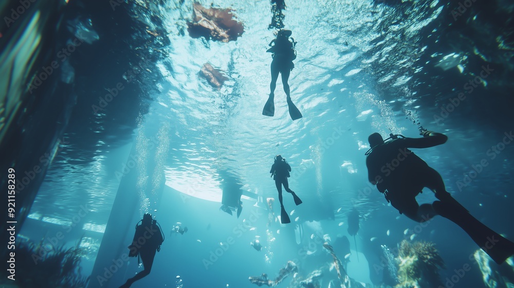 Obraz premium Divers exploring an underwater environment filled with colorful marine life and sunlight beams in a tranquil ocean setting