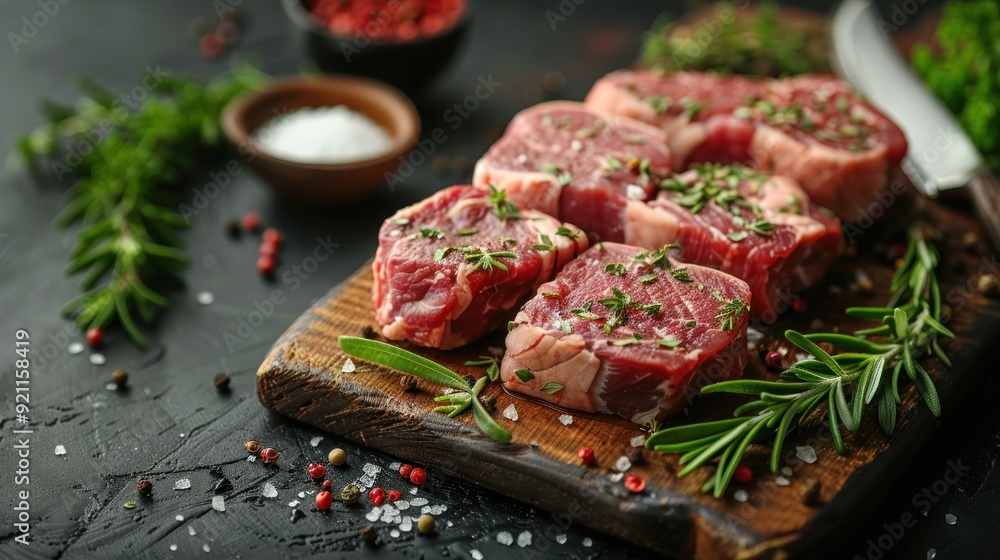 Raw Beef Steaks Ready for Grilling with Herbs and Spices Raw Beef Steaks Ready for Grilling with Herbs and Spices