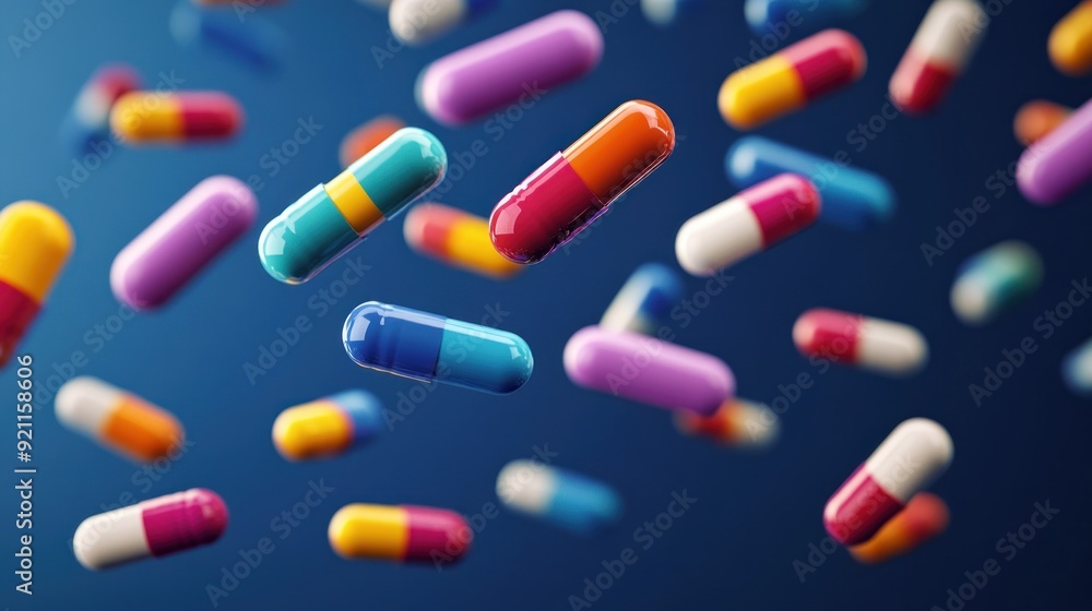 Colorful Pills Falling On Blue Background Colorful Pills Falling On Blue Background