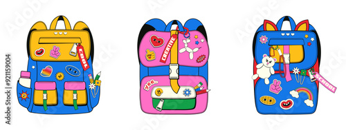 Set of creative school bags in y2k style. A bright teenage backpack with a lot of stickers and keychains in the form of toys with the aesthetics of the 90s and 2000s.