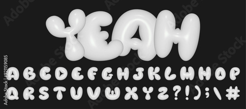 White playful alphabet in Y2K style. 3D rendering of plump letters, plastic glossy reflective texture. Vector illustration.