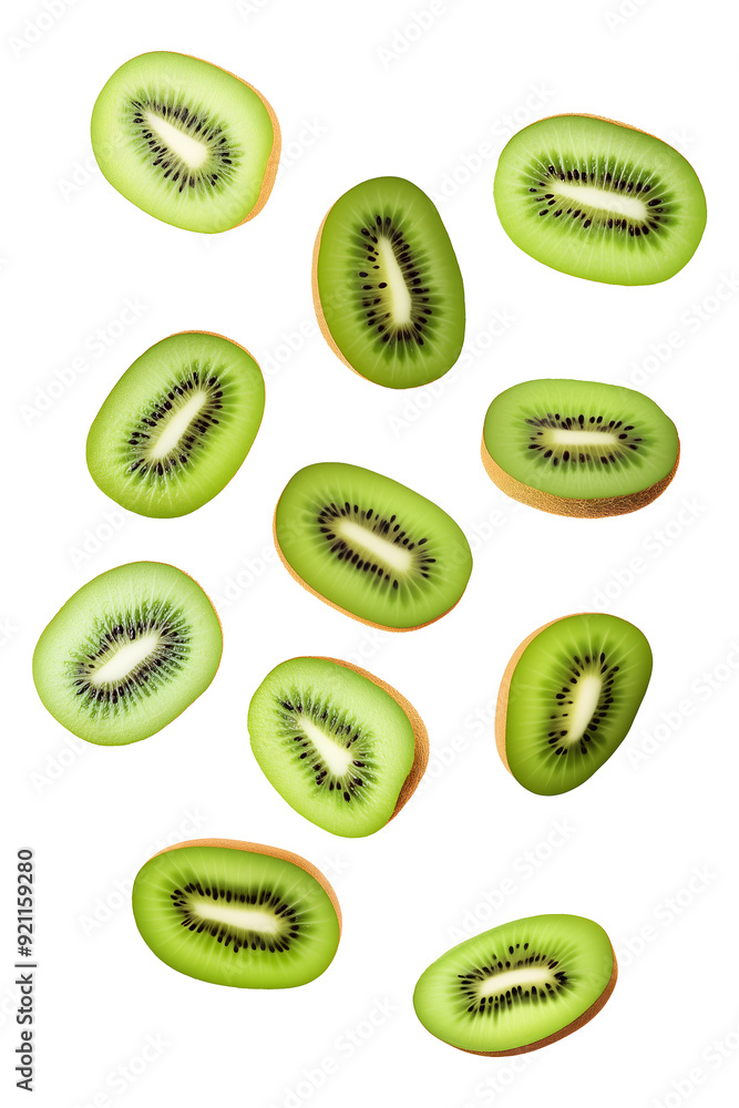 Fototapeta premium Flying falling kiwis isolated on transparent or white background
