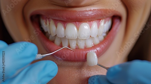 A close-up of the teeth whitening shade guide. Dental professional carefully compar ed the patient’s current tooth color to select the most suitable shade for a natural yet radiant smile.