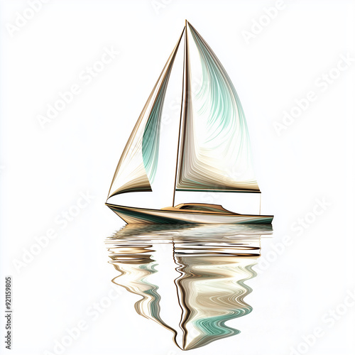 modern sleek simplistic abstract sailboat with reflection in water, isolated on white, sparse.