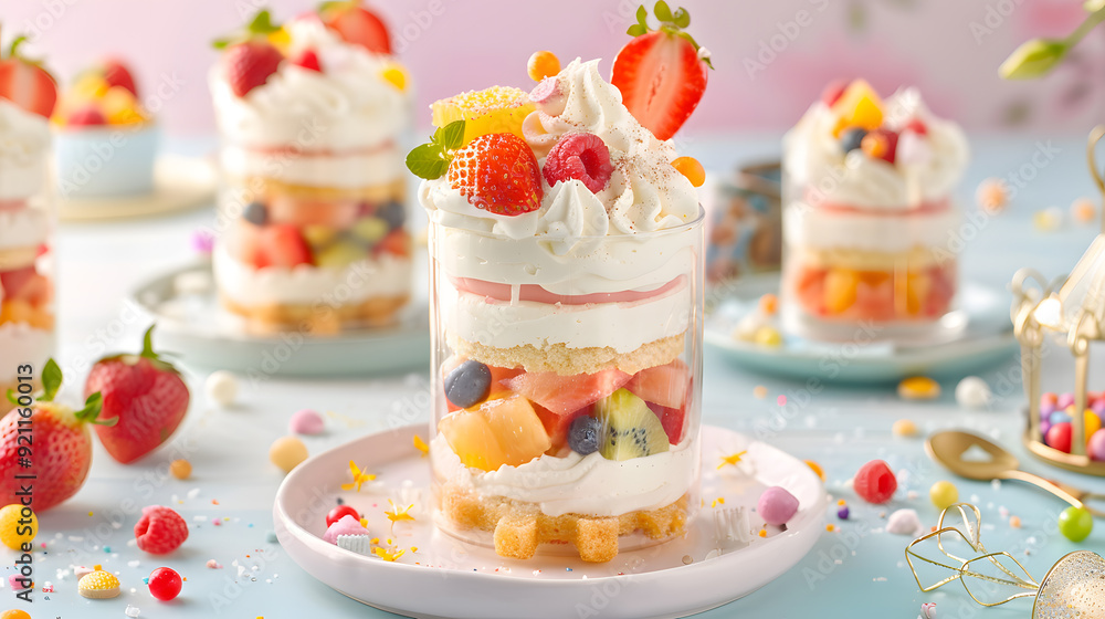 A dessert with strawberries and whipped cream is on a plate A dessert with strawberries and whipped cream is on a plate
