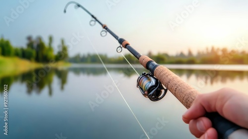A close-up of a hand holding a fishing rod, with the line cast into a calm lake