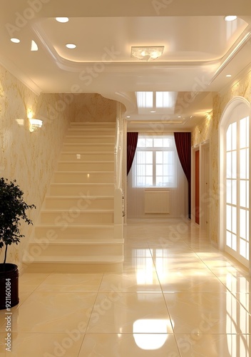 Modern Interior Design Hallway with White Staircase and Large Window