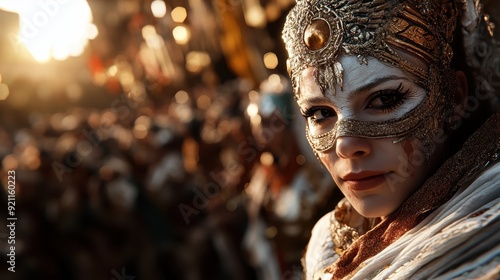 A woman adorned with a detailed, ornate mask participates in a vibrant, culturally rich festival, capturing the essence of tradition and celebration in intricate detail. photo