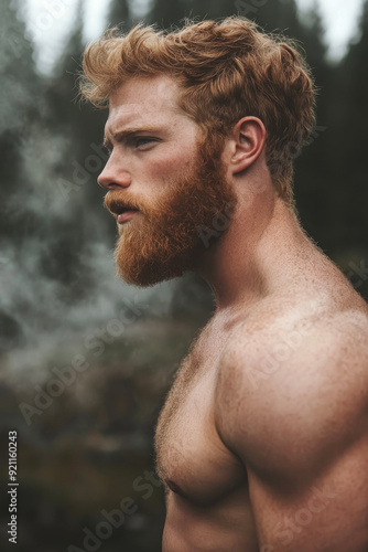 Redhead with a View: A ruggedly handsome redhead with a thick, fiery beard, exudes a captivating aura of strength and masculinity. He gazes thoughtfully into the distance, lost in contemplation.