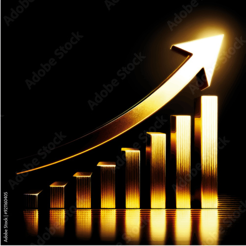 Ascending golden bar chart with an upward arrow. 
3D illustration of an ascending bar graph with an arrow pointing upward, symbolizing growth or increase.