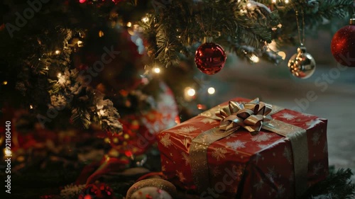 A red Christmas gift box with a gold ribbon and bow sits under a decorated Christmas tree. There are twinkling lights and red and gold ornaments on the tree