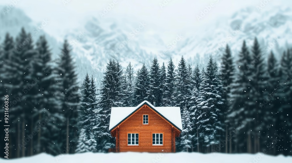 A mountain cabin surrounded by pine trees, with snow gently falling A mountain cabin surrounded by pine trees, with snow gently falling