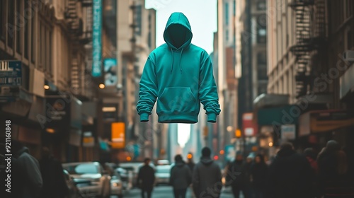 Urban Mood: Teal Hoodie Suspended over Vivid City Street Scene