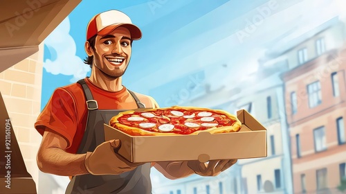 A pizza delivery man, wearing an orange t-shirt and black apron, holds a pizza box containing a delicious pizza. 