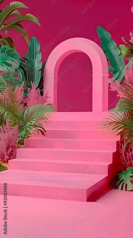 Pink Archway Stairs And Tropical Leaves Background Pink Archway Stairs And Tropical Leaves Background