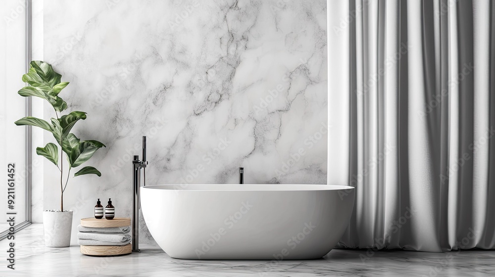 A stylish bathroom interior showcasing a marble shower curtain, minimalist fixtures, and grey porcelain floor tiles. A stylish bathroom interior showcasing a marble shower curtain, minimalist fixtures, and grey porcelain floor tiles.
