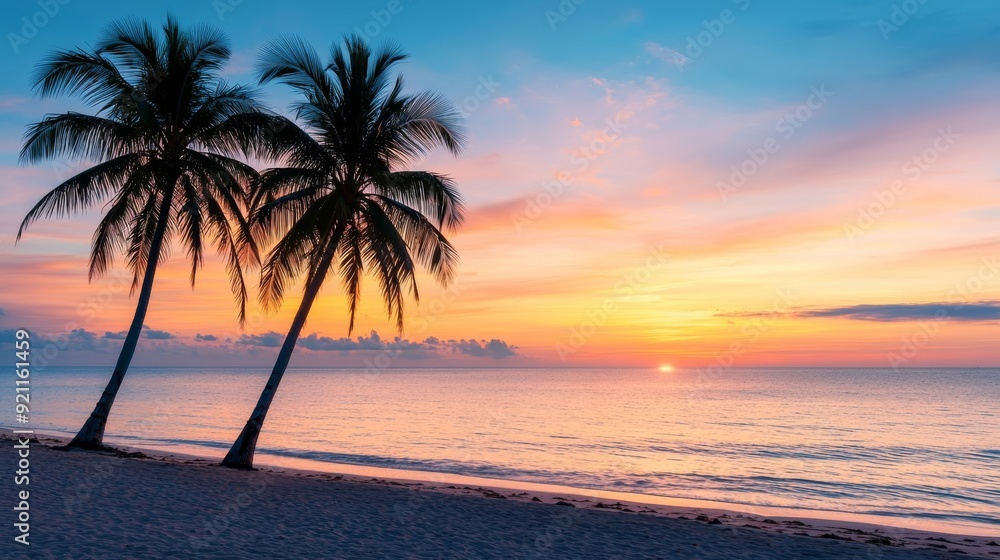 A serene beach at sunset, with palm trees silhouetted against the sky A serene beach at sunset, with palm trees silhouetted against the sky