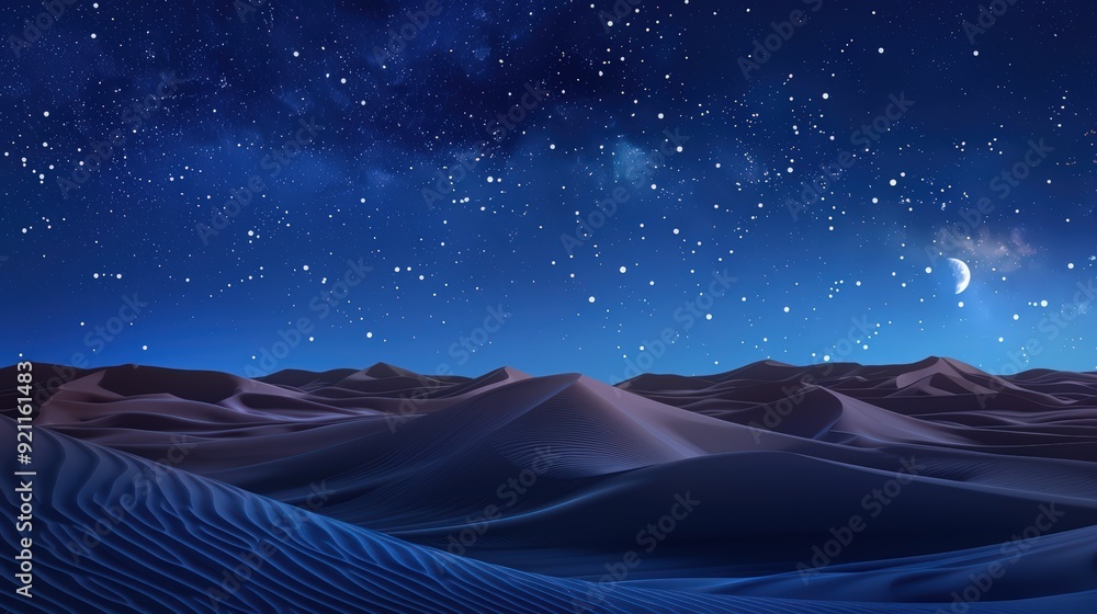 The tranquil desert night features a star-filled sky above an expansive, moonlit sand dune landscape The tranquil desert night features a star-filled sky above an expansive, moonlit sand dune landscape