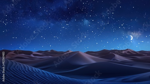 The tranquil desert night features a star-filled sky above an expansive, moonlit sand dune landscape