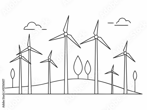 continuous single line drawing of wind farm, renewable energy wind turbines line art vector illustration
