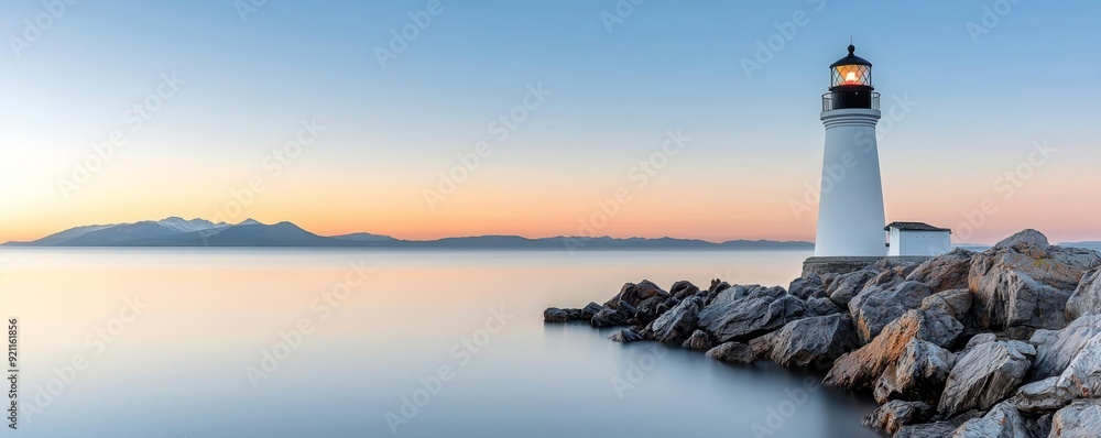 custom made wallpaper toronto digitalA serene image of a lighthouse on a rocky shore at sunrise