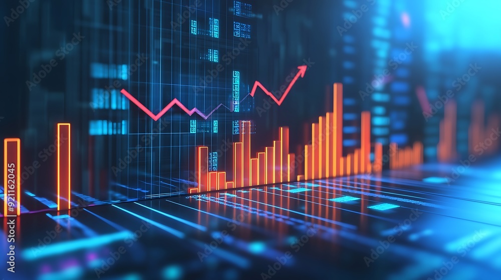 Financial Growth with Stock Options - 3D Rendered Business Concept with Bar Chart and Upward Arrow Financial Growth with Stock Options - 3D Rendered Business Concept with Bar Chart and Upward Arrow