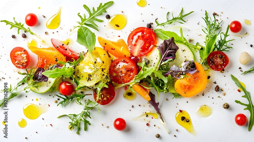 A delicate presentation of mixed salads with a variety of vegetables and a drizzle of olive oil, beautifully organized on a white background to create an inviting and healthful image A delicate presentation of mixed salads with a variety of vegetables and a drizzle of olive oil, beautifully organized on a white background to create an inviting and healthful image