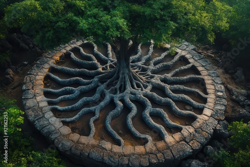 aerial view of an ancient tree its sprawling root system creating a mesmerizing mandala pattern lush canopy surrounds the central focal point symbolizing interconnectedness of nature
