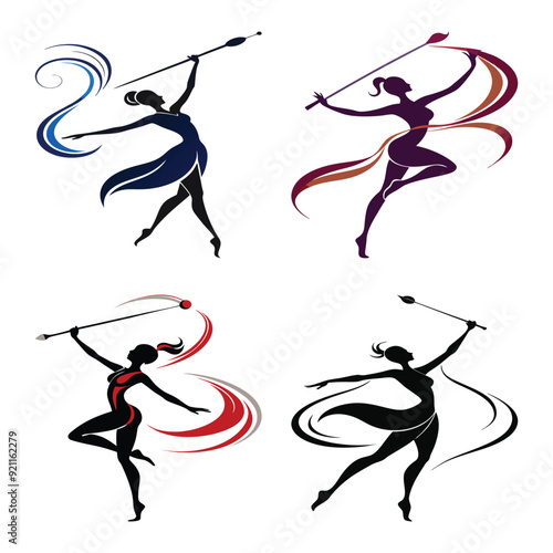 "Graceful Baton Twirler in Mid-Twirl: Elegant Silhouette Capturing the Flowing Motion and Extended Arms Against a Stark White Background, with the Baton Twirling Above the Head"
