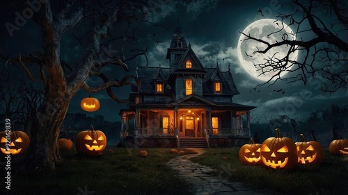 Holiday Decorated House Halloween. Night scene, backlight, shadow. Halloween haunted house under the moon