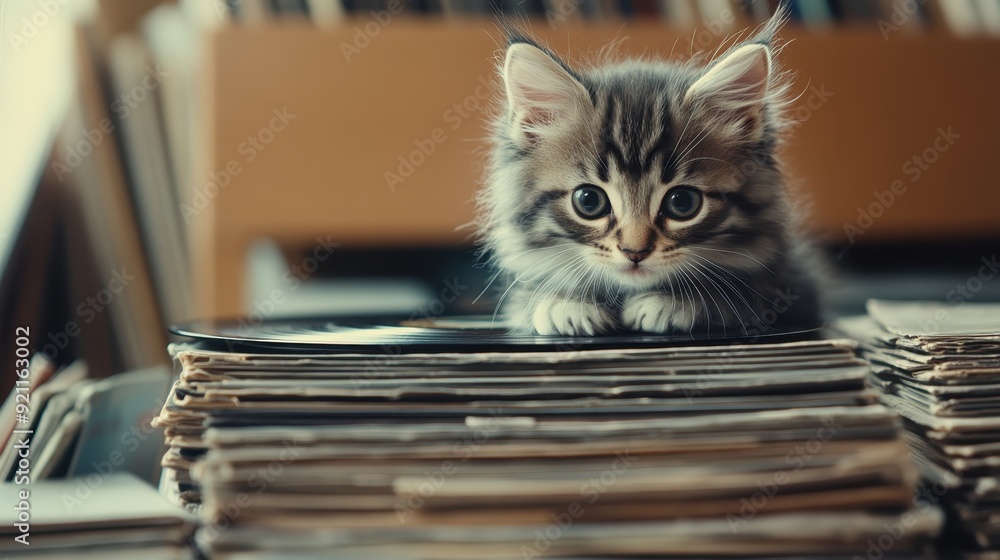 A small, fluffy kitten with striking eyes sits atop a stack of vinyl records, surrounded by shelves of books. The scene combines elements of music and literature in a cozy setting. A small, fluffy kitten with striking eyes sits atop a stack of vinyl records, surrounded by shelves of books. The scene combines elements of music and literature in a cozy setting.