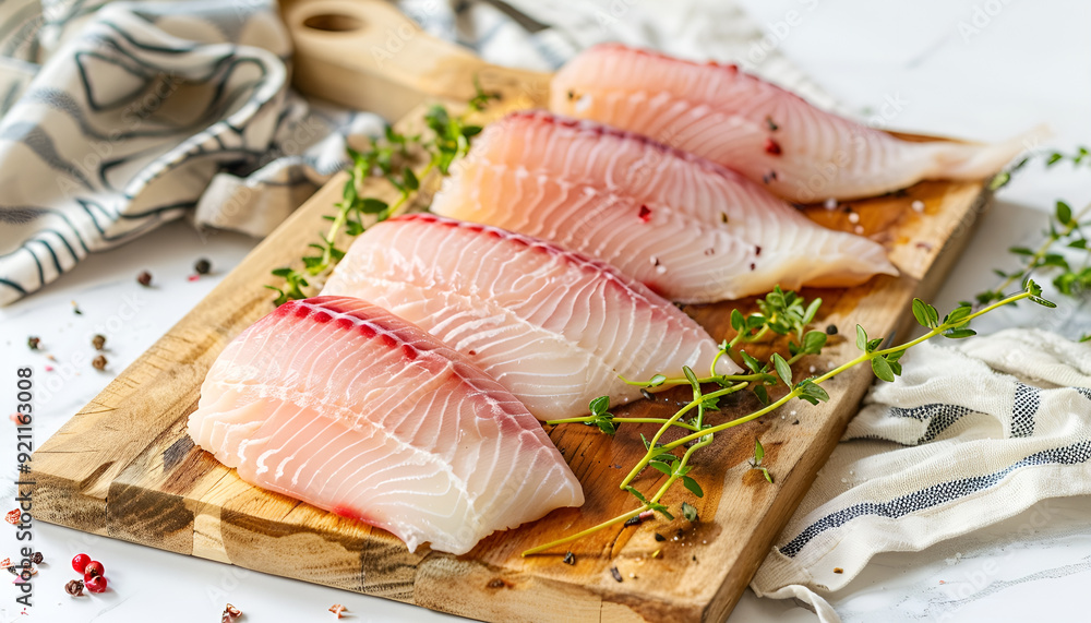Raw tilapia fish fillet with thyme ready for cooking Raw tilapia fish fillet with thyme ready for cooking