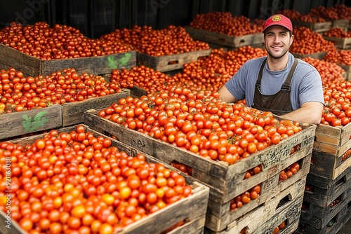 Workers stand among tomato crates photo