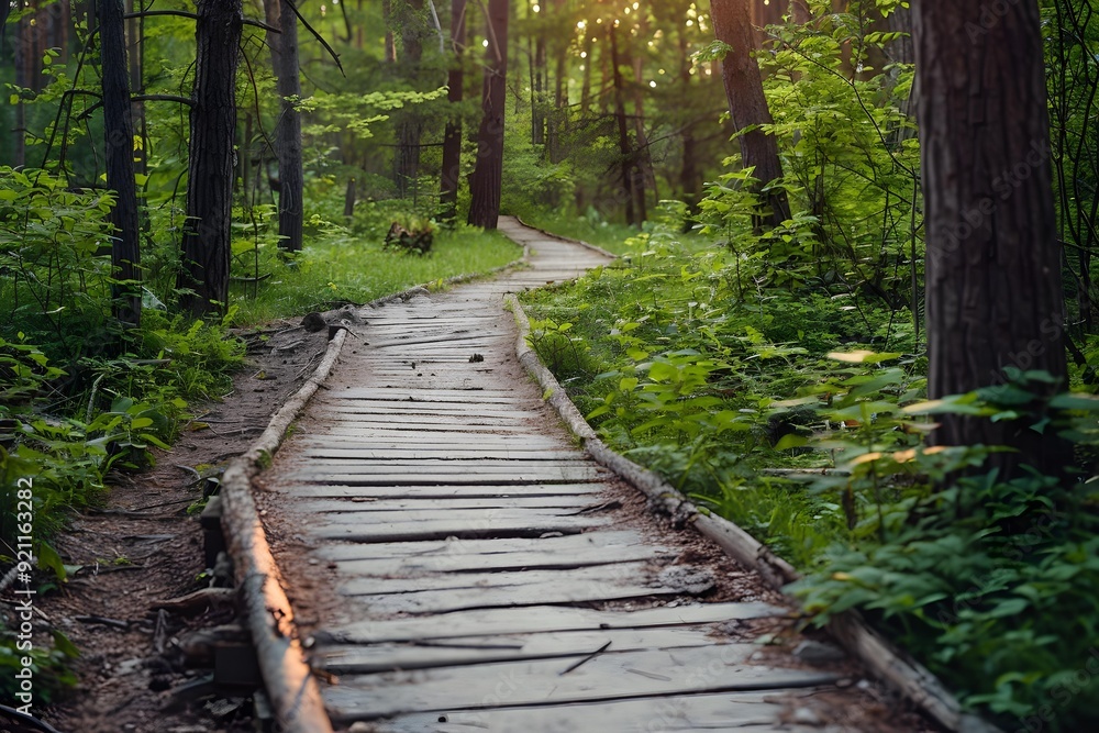 Fototapeta premium Wooden Path Through Lush Green Forest