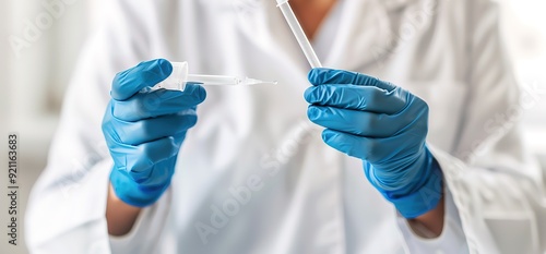 Close up of a scientist's hands wearing blue nitrile gloves, holding a pipette and a test tube. Medical and scientific research concept. photo