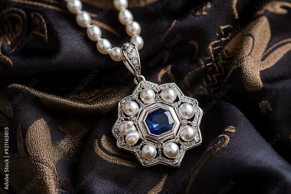 Fototapeta premium Elegant White Gold Pearl Pendant with Sri Lankan Sapphire and Filigree Detail on Brocade Background