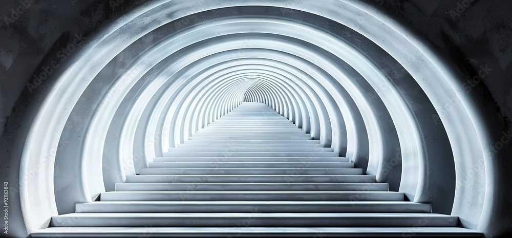Naklejka premium Abstract, futuristic tunnel with white arches and glowing lights. A modern and minimalist design.