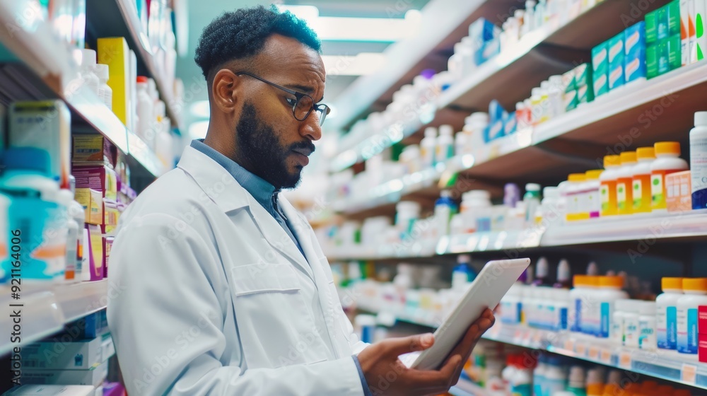 Pharmacists use tablet computers to manage inventory in a pharmacy. Pharmacists use tablet computers to manage inventory in a pharmacy.