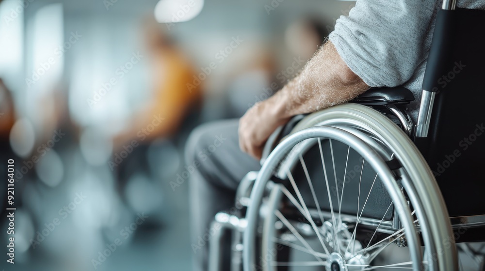 A person is seated in a wheelchair inside a facility, likely a hospital or community center, with a focus on their arm and the wheel of the chair they are using. A person is seated in a wheelchair inside a facility, likely a hospital or community center, with a focus on their arm and the wheel of the chair they are using.