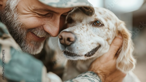 A heartfelt moment captured as a soldier, dressed in army uniform, caresses a smiling dog. This picture radiates happiness, loyalty, and the special connection between them. photo