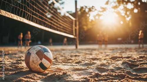 Outdoor beach volleyball scene with a volleyball net and a ball on the sand, players in the background, and the sun setting, creating a warm glow. Lively and energetic sports atmosphere.