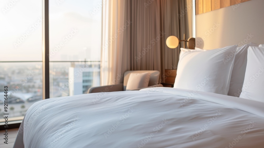 A luxurious hotel room featuring a large bed with white sheets and a view of the city through a floor-to-ceiling window. The room is well-lit with soft, warm lighting from lamps and natural light. A luxurious hotel room featuring a large bed with white sheets and a view of the city through a floor-to-ceiling window. The room is well-lit with soft, warm lighting from lamps and natural light.