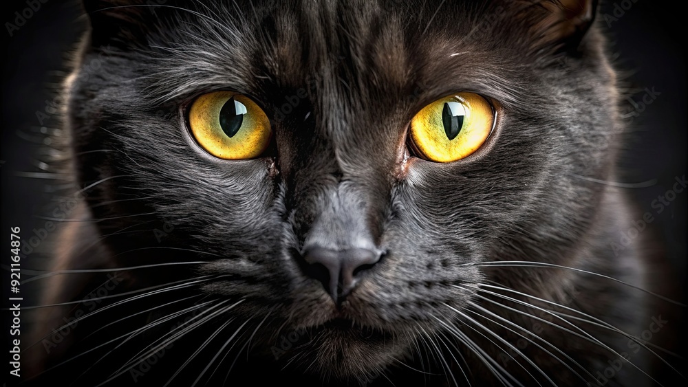 Close-up macro shot of a black cat with intense yellow eyes captivating gaze , feline, pet, animal, black, cat, close-up Close-up macro shot of a black cat with intense yellow eyes captivating gaze , feline, pet, animal, black, cat, close-up