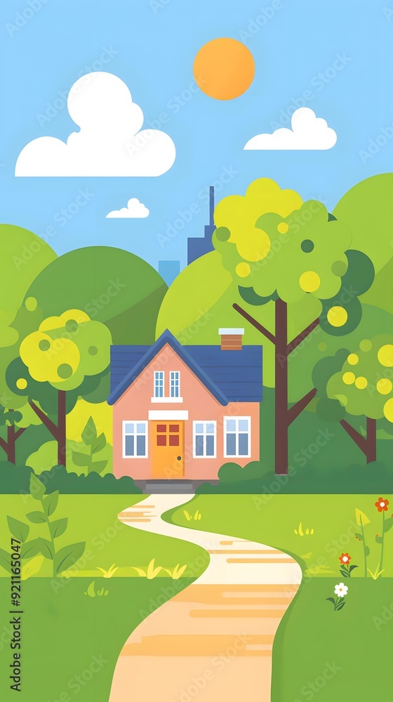 Cartoon Illustration of a House with a Winding Path Cartoon Illustration of a House with a Winding Path