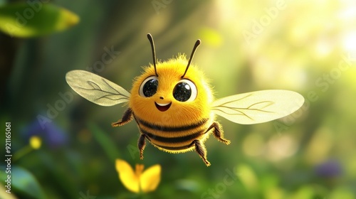 Cute Cartoon Bee Flying Through a Meadow