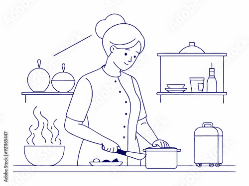 continuous single line drawing of woman preparing food in kitchen, line art vector illustration
