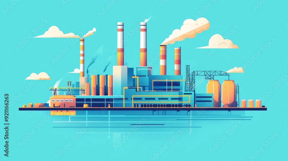 Obraz premium Nuclear power plant with supply lines, fission-based energy flow, flat design illustration